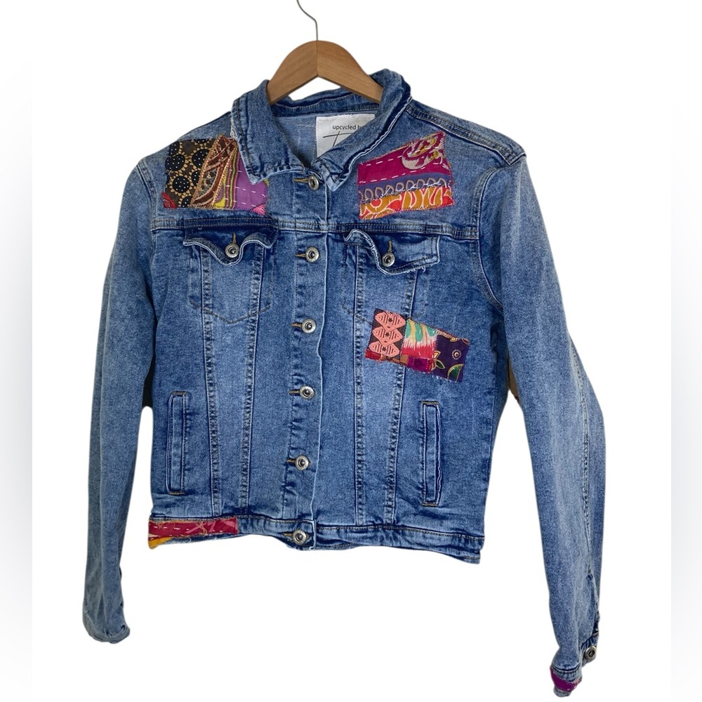 Upcycled Love Patch Denim Jacket Medium Unique NWT - image 2